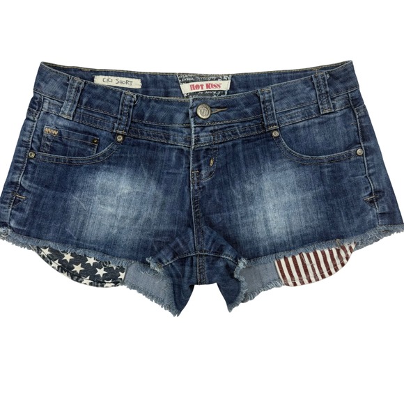 Hot Kiss Pants - VTG Y2K Hot Kiss Cici Micro Shorts Sz 7 America Stars Low Rise 4th of July 2"